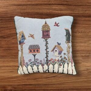 Riverdale Decorative Tapestry Pillow With Birdhouse Design 15" blue green